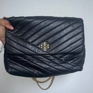 Tory Burch Kira Black Quilted Leather Shoulder Bag with Gold Logo
